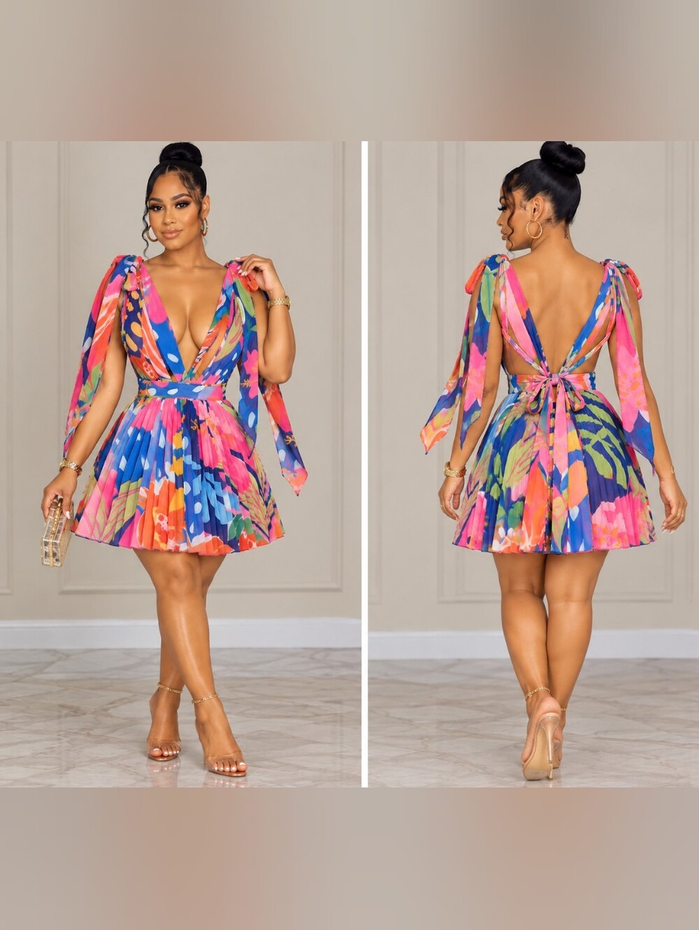 Luxxel Multicolor Floral Plunge Tie-Back Mini Dress